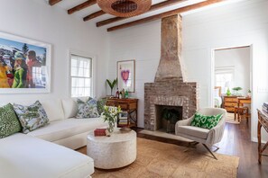 TV, fireplace, offices - Casa Zoë | Cottage Row – Side-by-Side Historic Charm for Groups (Charleston)