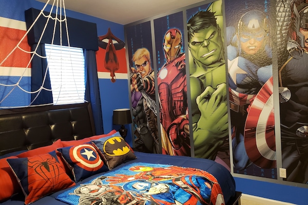 Avengers Themed King Bedroom with Spiderman's web over the bed!