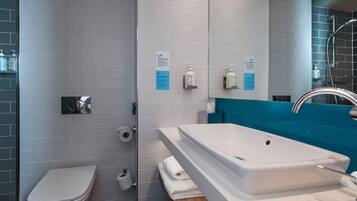 Shower, eco-friendly toiletries, hair dryer, towels