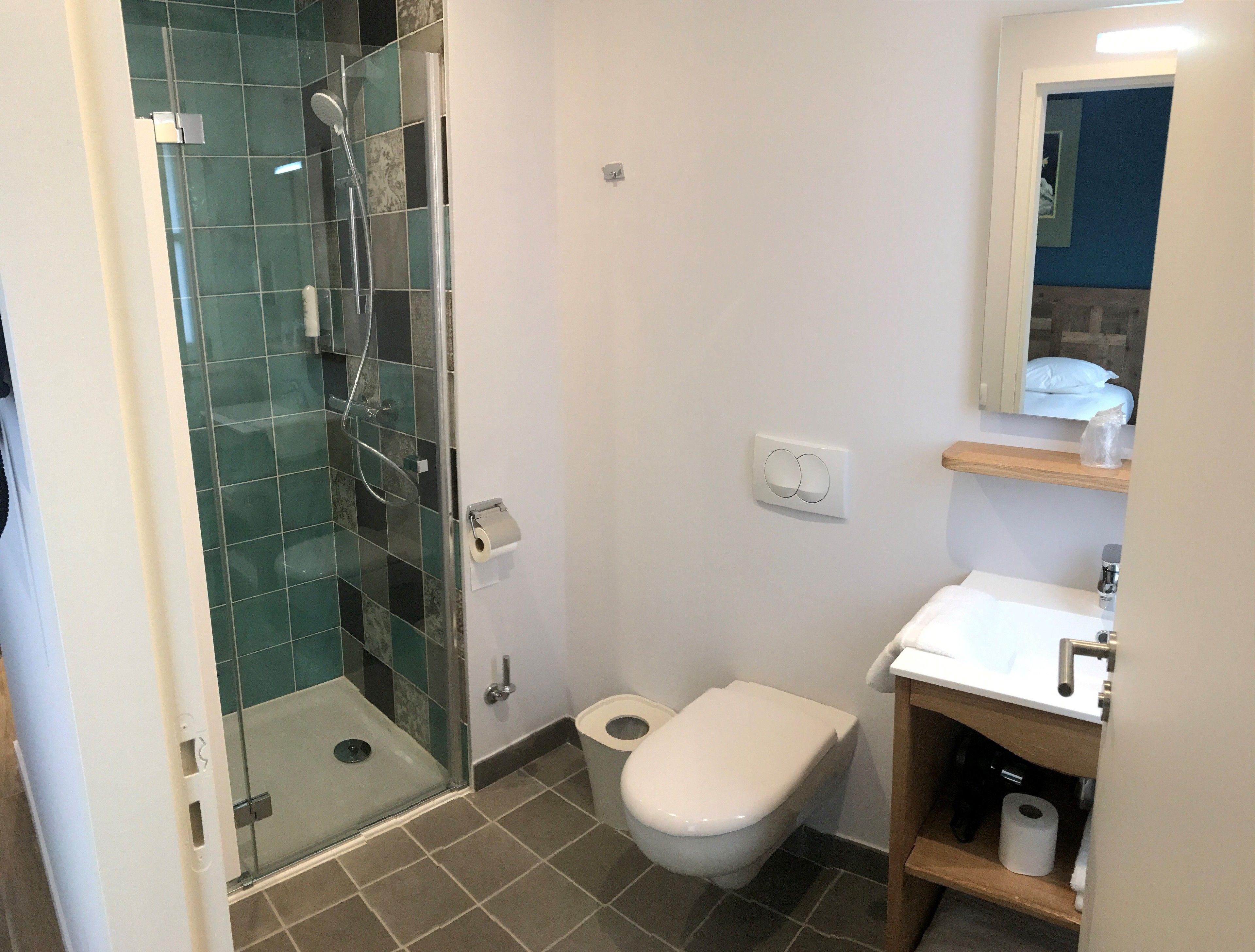 A bathroom with a glass-enclosed shower, a toilet, and a sink with a mirror above it.