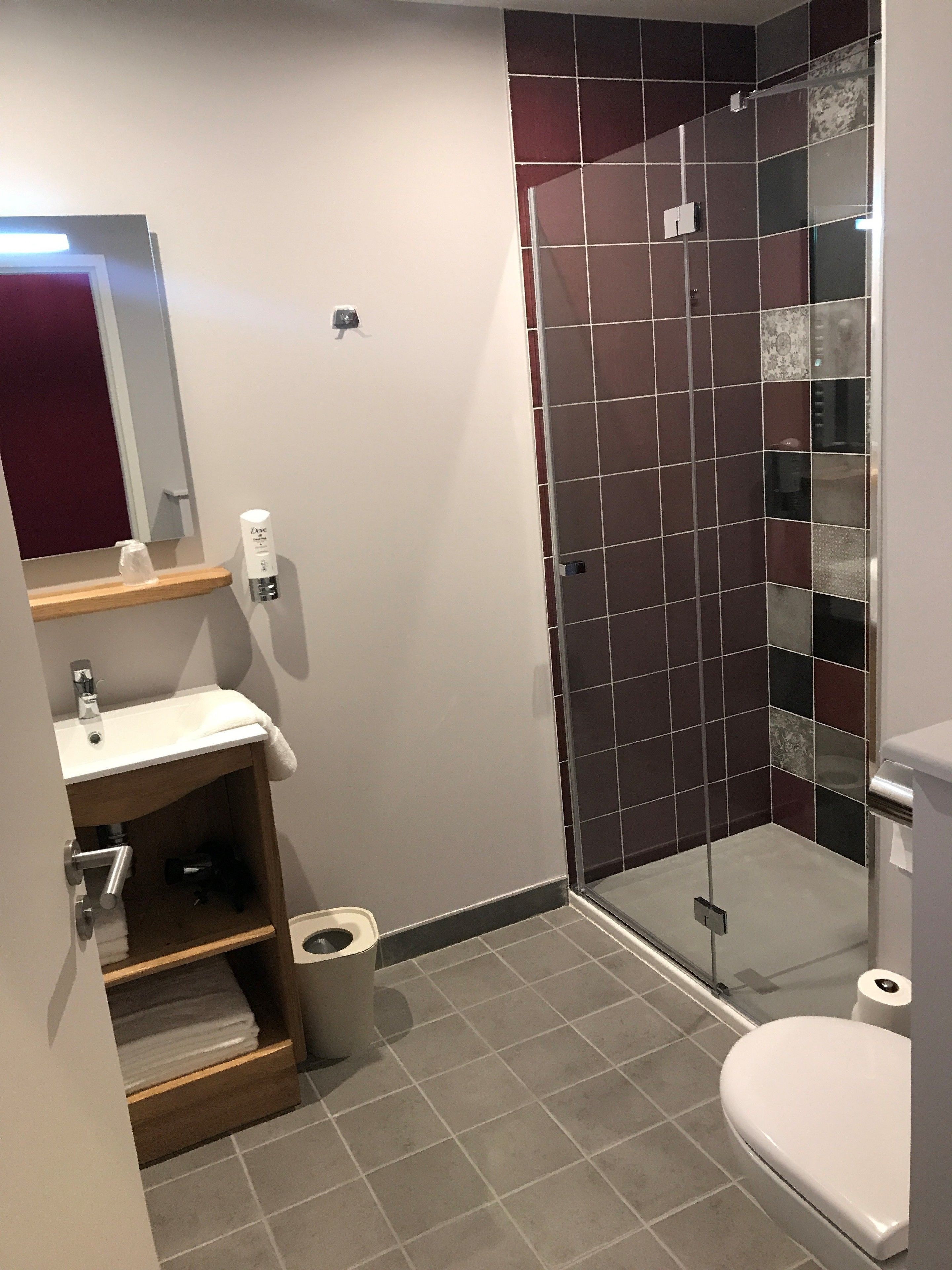 Een moderne badkamer met een douche, toilet en wastafel.