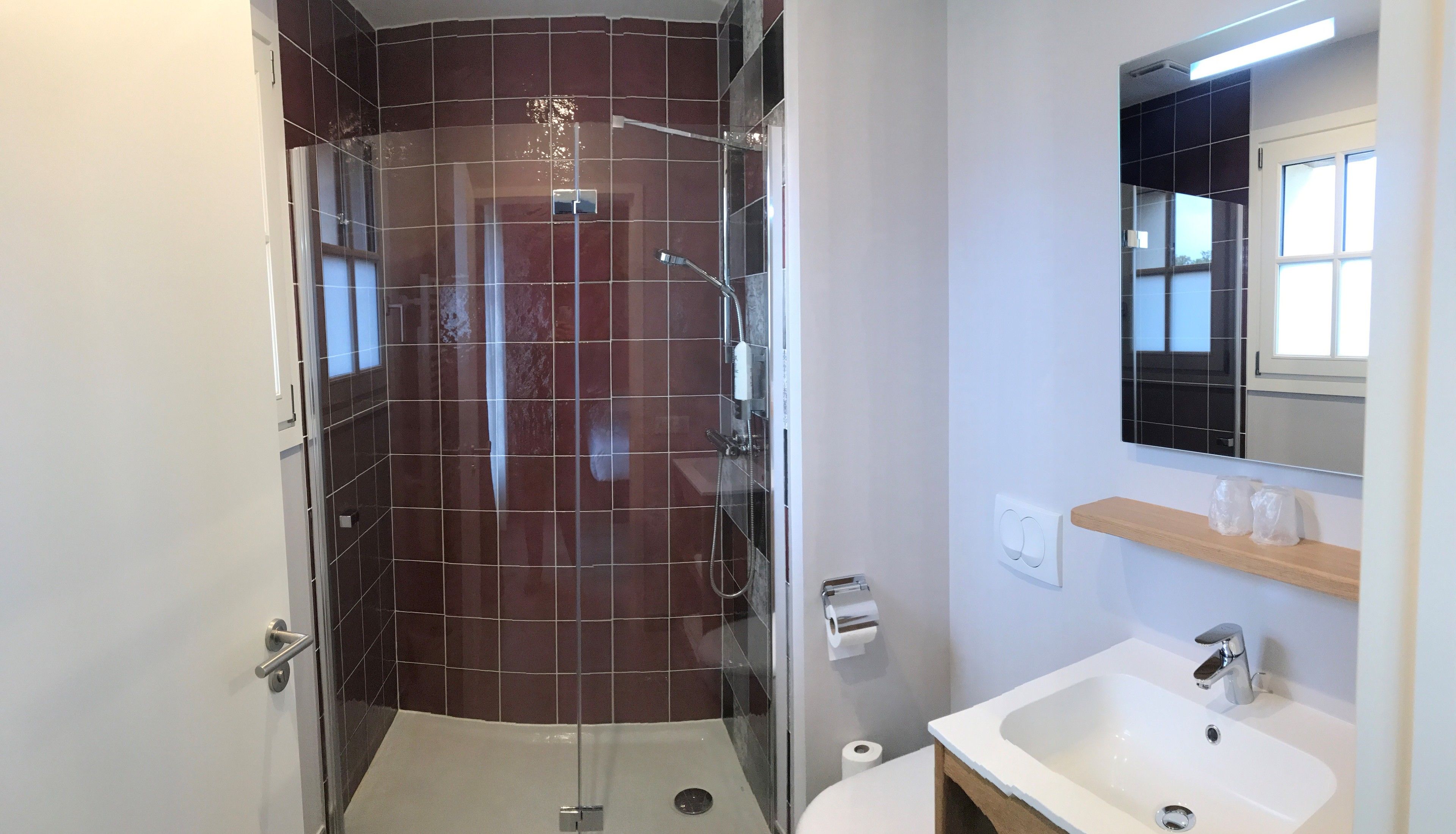 A modern bathroom with a glass-enclosed shower, a white sink, and a mirror above the sink.