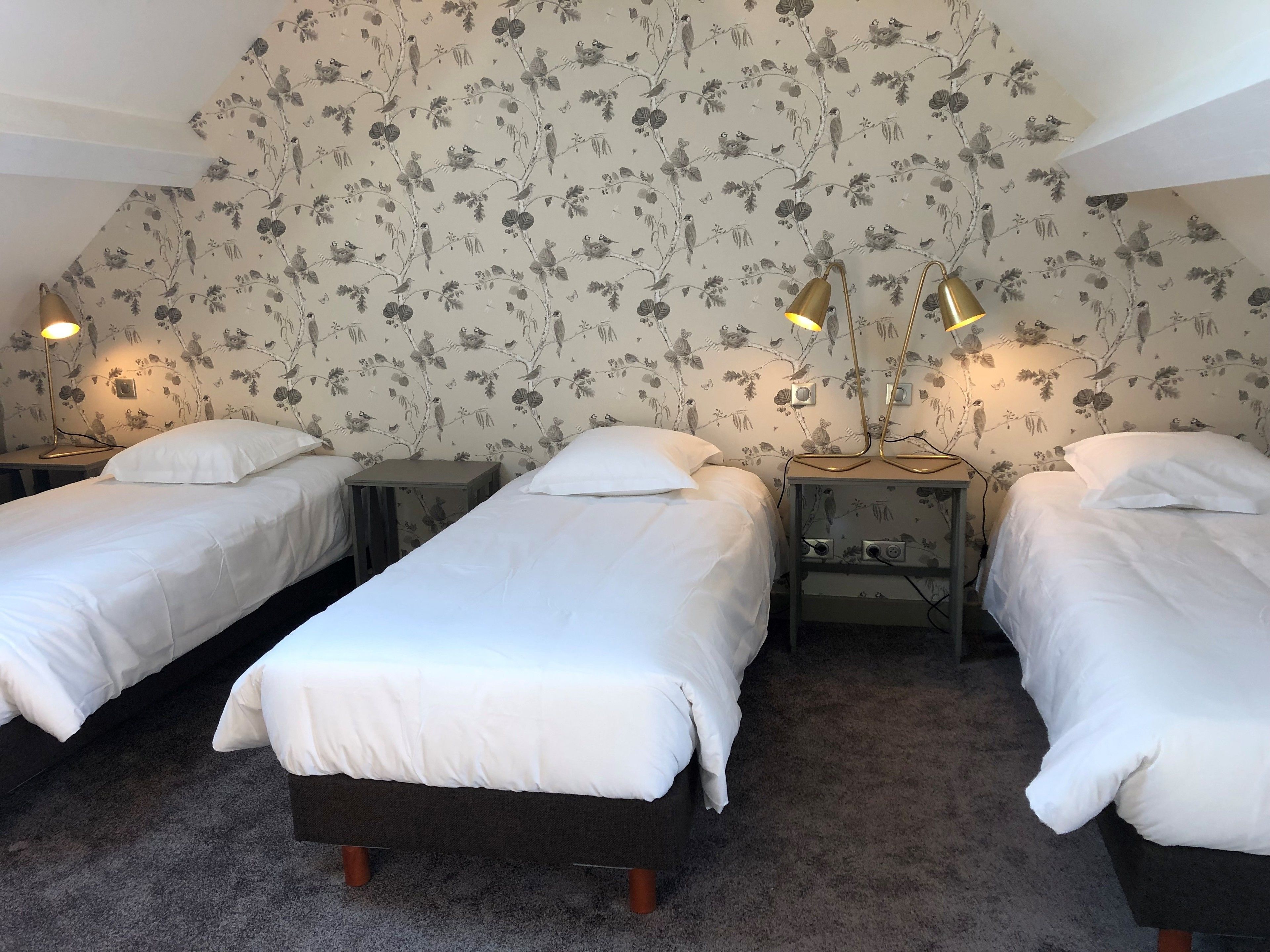 A bedroom with two single beds, a small table, and a nightstand with lamps.