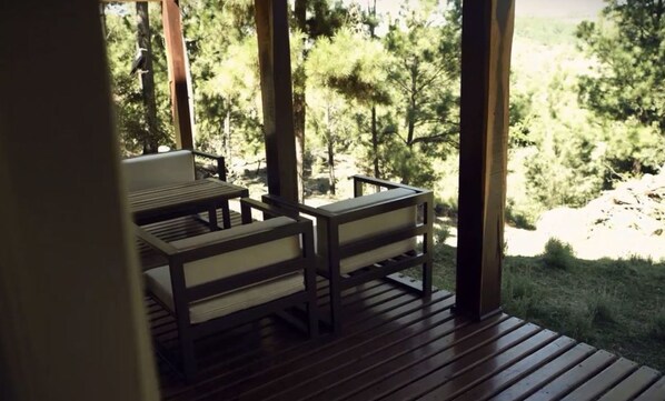 A wooden deck with two chairs and a table, overlooking a forested area.