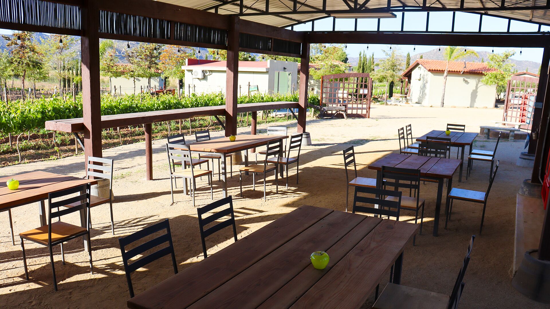 An outdoor patio area with wooden tables and chairs, a covered seating area, and a view of a vineyard and buildings in the background.