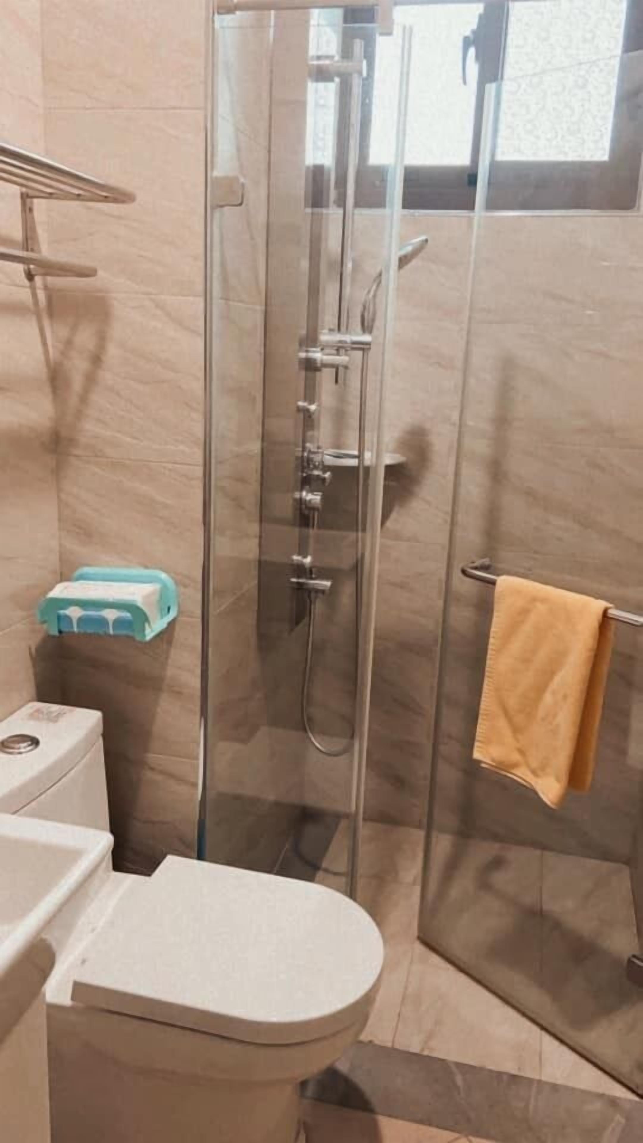 A bathroom with a glass-enclosed shower, a toilet, and a towel rack.