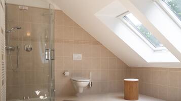 Shower, free toiletries, hair dryer, towels