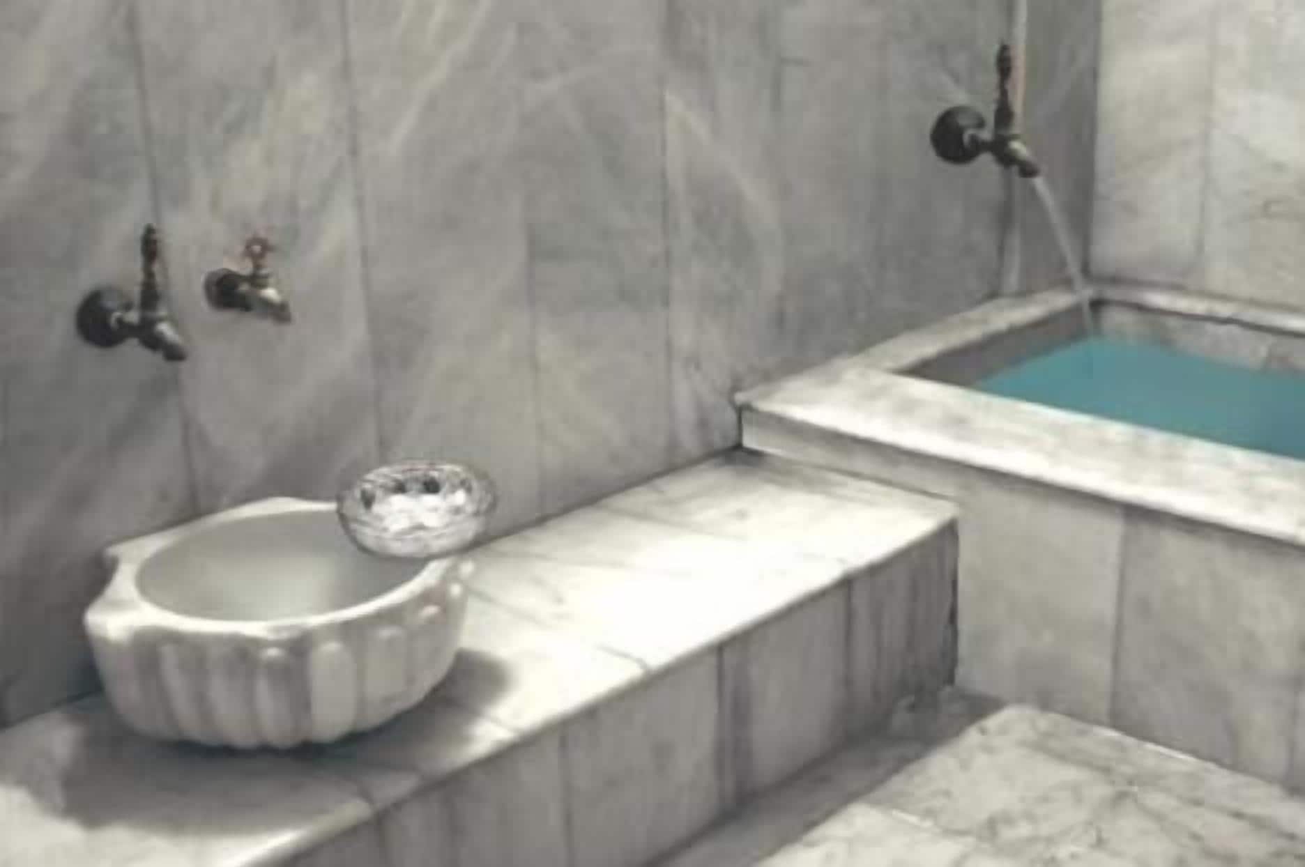A marble bathroom with a bidet, a bathtub, and a small sink.