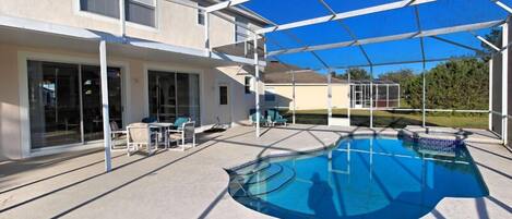 Seasonal outdoor pool, pool umbrellas, pool loungers