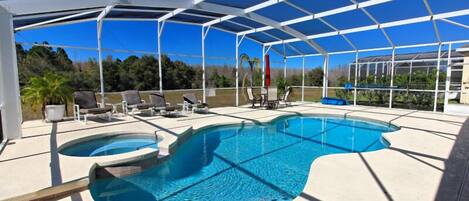 Seasonal outdoor pool, pool umbrellas, pool loungers