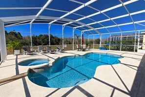 Seasonal outdoor pool, pool umbrellas, pool loungers