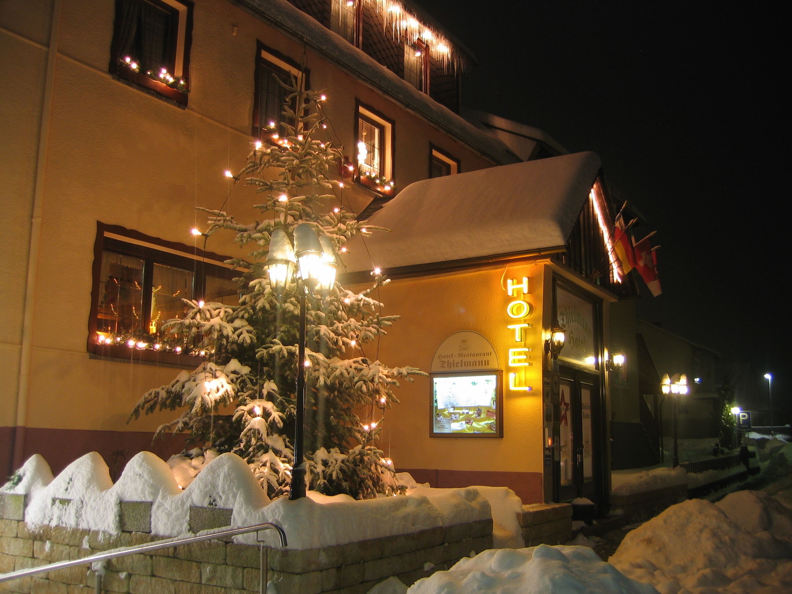 A hotel with a snow-covered entrance and a Christmas tree adorned with lights.