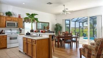 Family Villa, Hot Tub, Garden Area | Shared kitchen | Fridge, microwave, oven