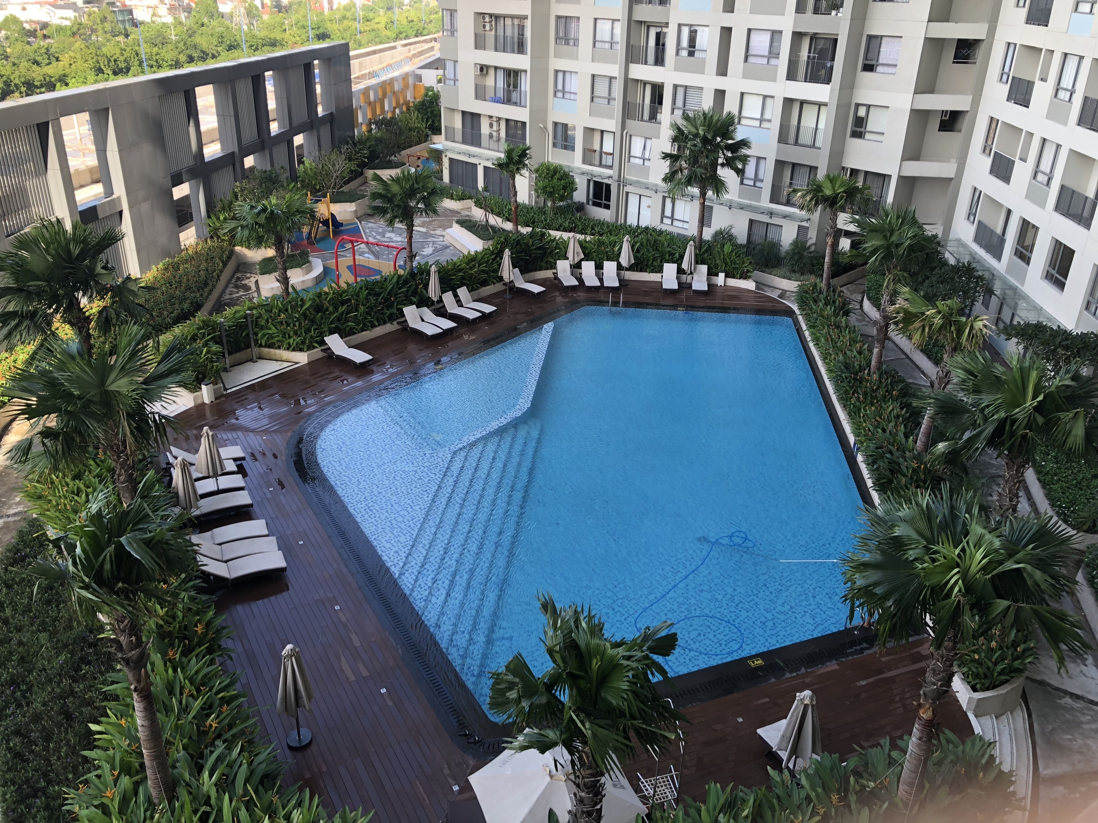 Uma piscina retangular grande rodeada por espreguiçadeiras e palmeiras, com um parquinho ao fundo.