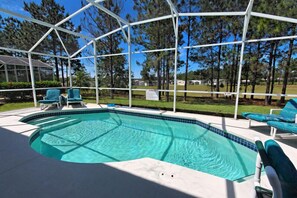 Seasonal outdoor pool, pool loungers