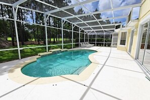 Seasonal outdoor pool, pool umbrellas, pool loungers