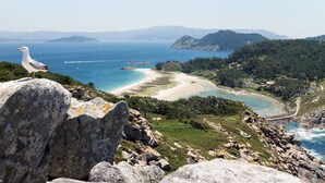 A coastal landscape with a seagull on a rock, a beach, and a mountainous backdrop. - Hotel O Pazo (Vigo)