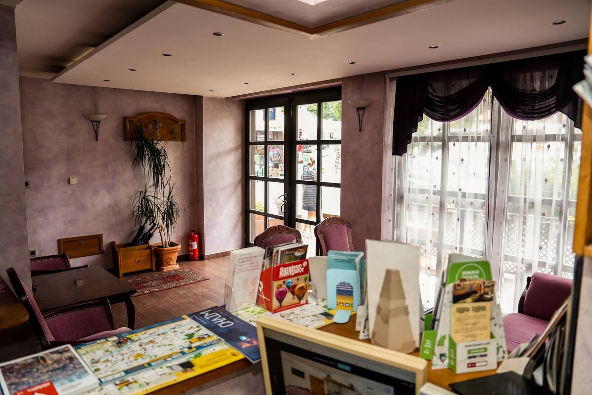 A room with a dining table, chairs, a potted plant, and a window with curtains.