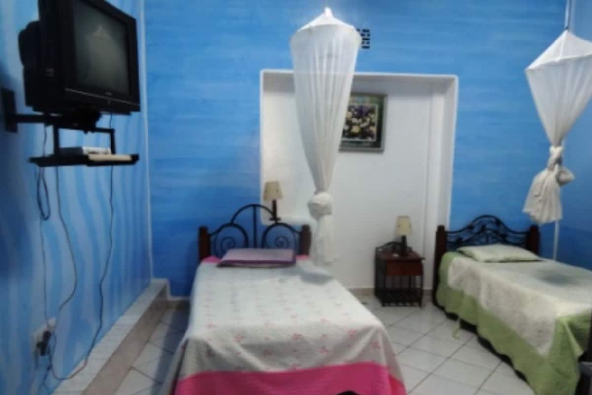 A bedroom with two beds, a television on the wall, and a mosquito net over one bed.