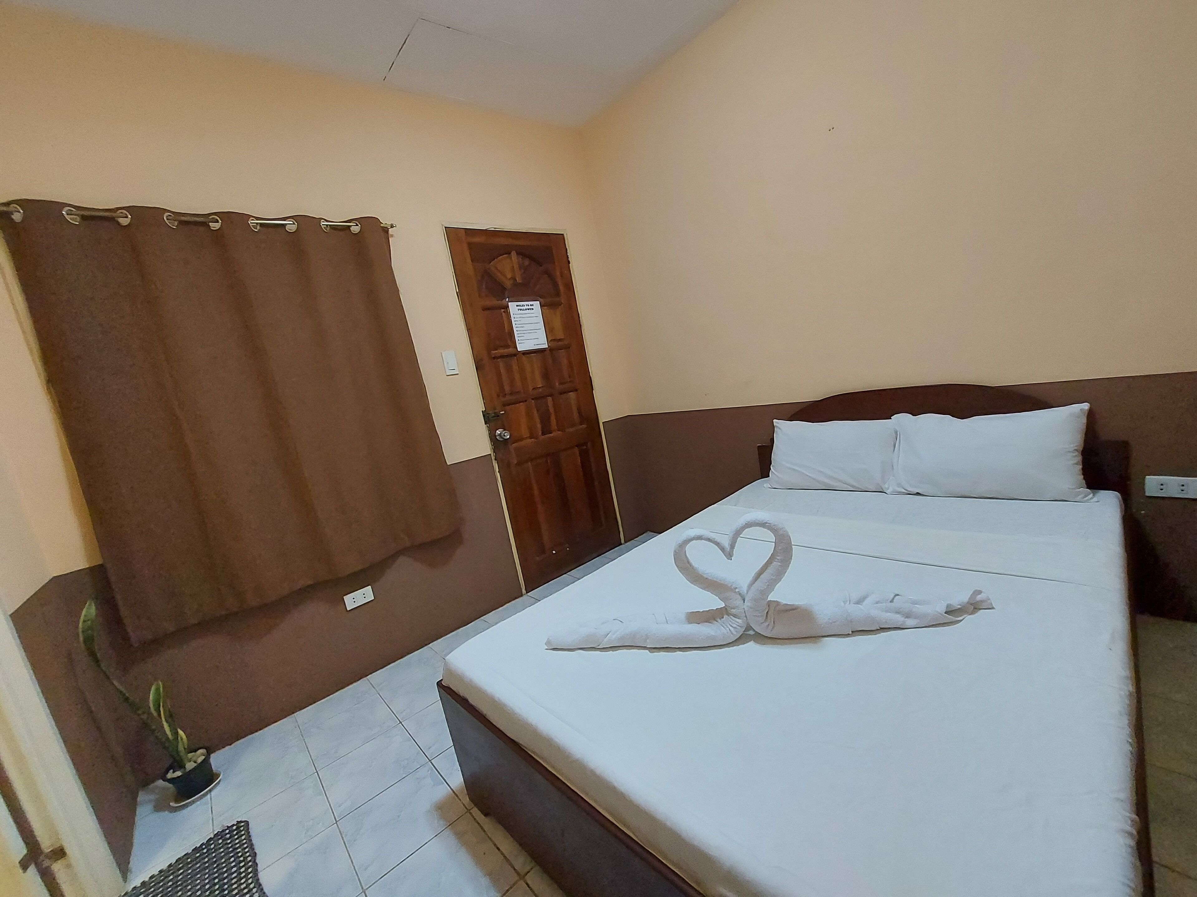 Una habitación de hotel con una cama, una cortina marrón, una puerta de madera y una planta en maceta.