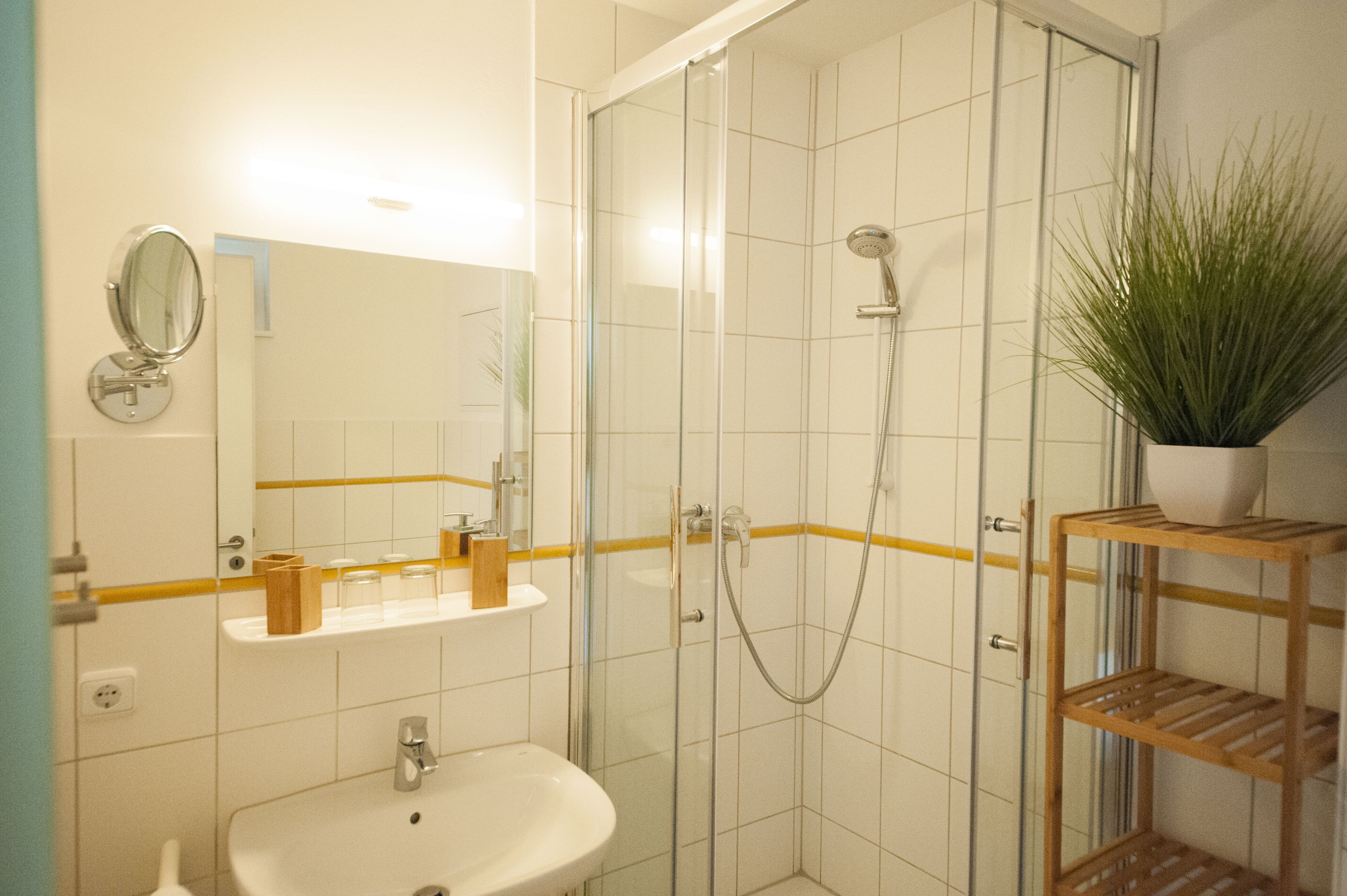 A bathroom with a glass-enclosed shower, a sink, a mirror, and a shelf with toiletries.