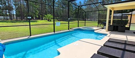 Seasonal outdoor pool, pool umbrellas, pool loungers