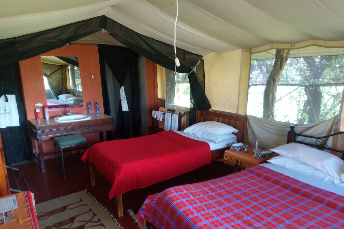 Une chambre avec deux lits, un bureau, un miroir et une fenêtre donnant sur des arbres.