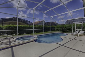 Seasonal outdoor pool, pool loungers