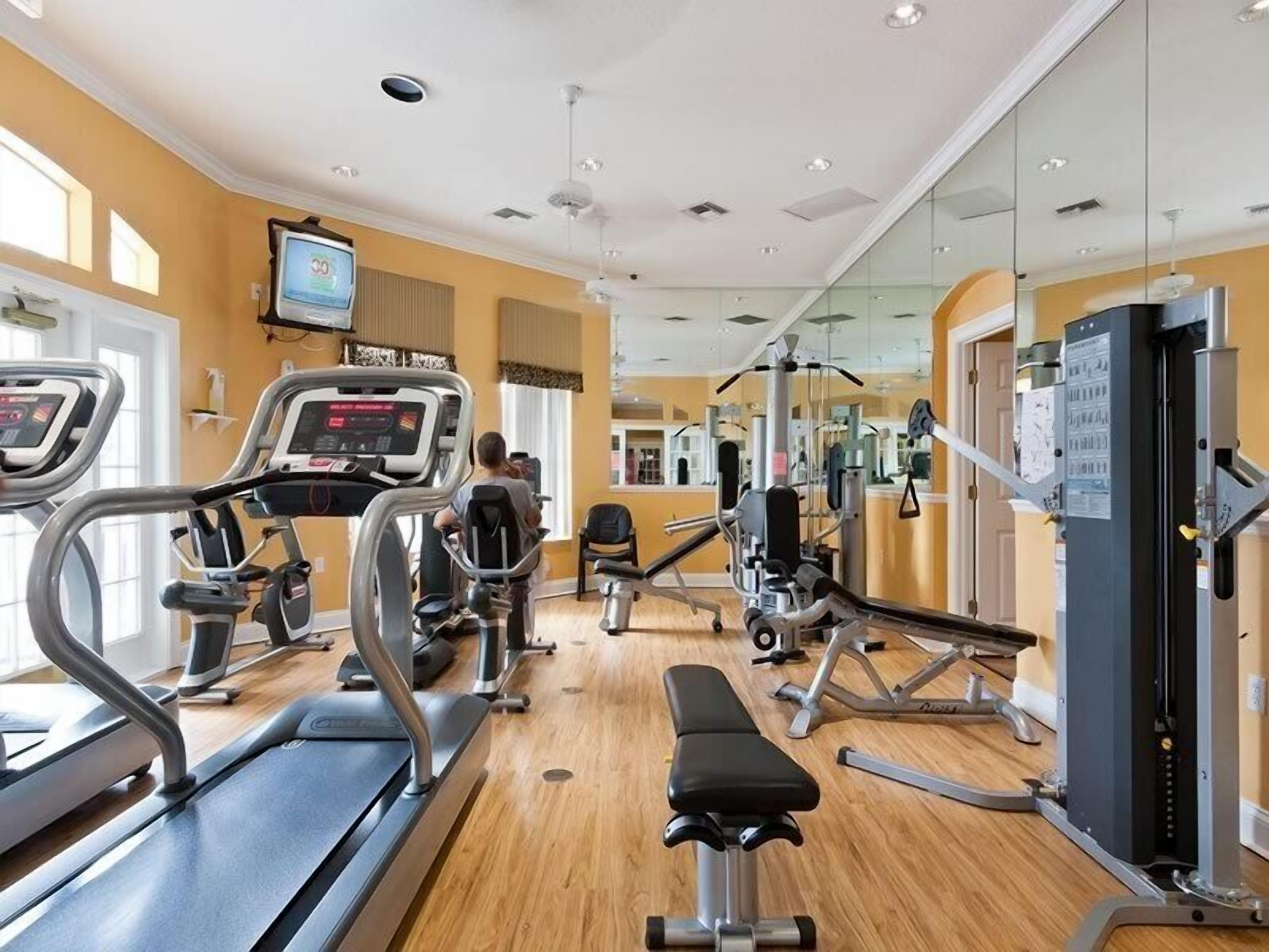 A gym with treadmills, a bench, and weight machines.