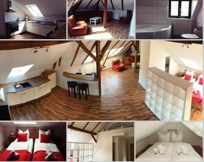 A multi-room apartment with a kitchen, living area, bathroom, and two bedrooms, featuring wooden floors and a sloped ceiling. - Ferienwohnung Alabama (Lutherstadt Wittenberg)
