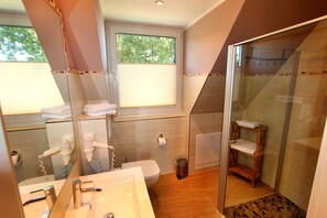 Shower, hair dryer, toilet paper