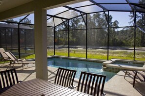 Seasonal outdoor pool, pool umbrellas, pool loungers