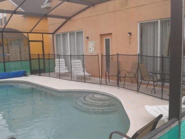 Seasonal outdoor pool, pool umbrellas, pool loungers