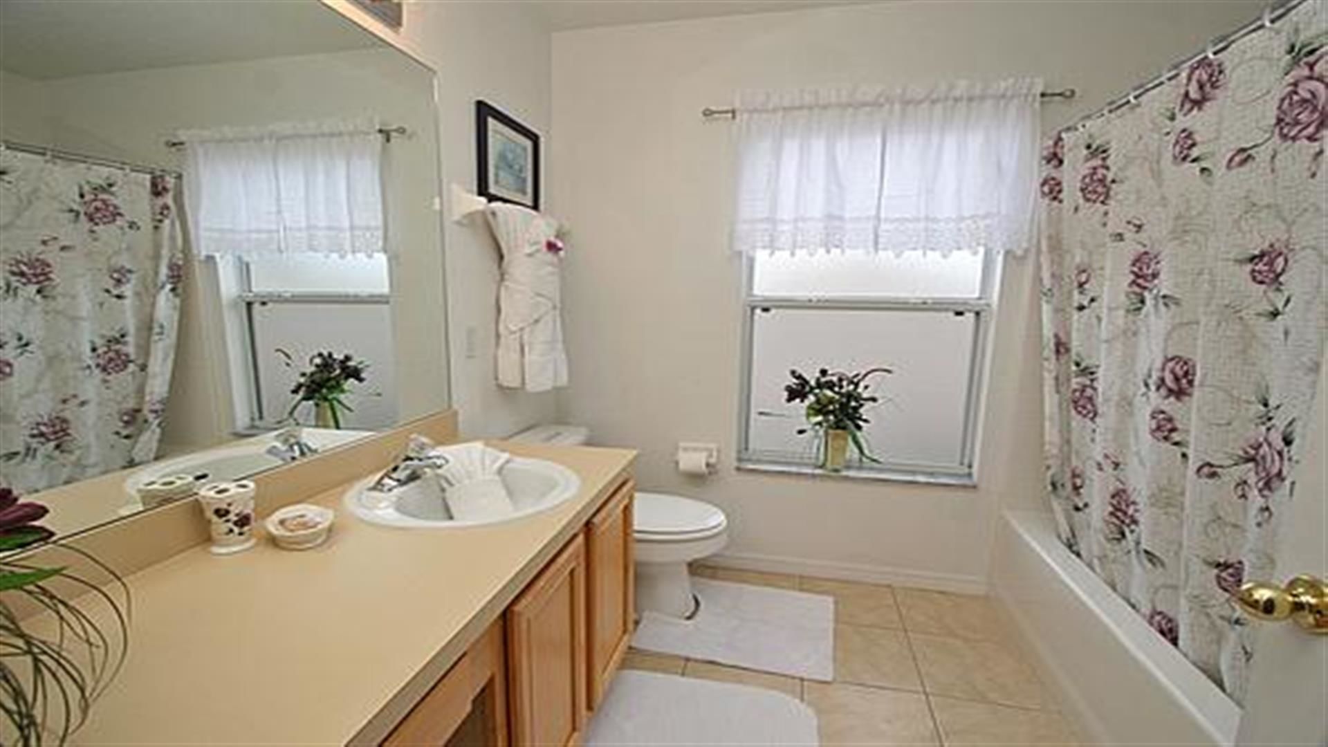 A bathroom with a sink, toilet, and shower. There is a window with a plant on the windowsill and a towel hanging on the wall.