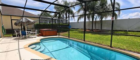 Seasonal outdoor pool, pool umbrellas, sun loungers