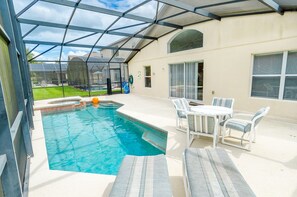 Seasonal outdoor pool, pool umbrellas, pool loungers