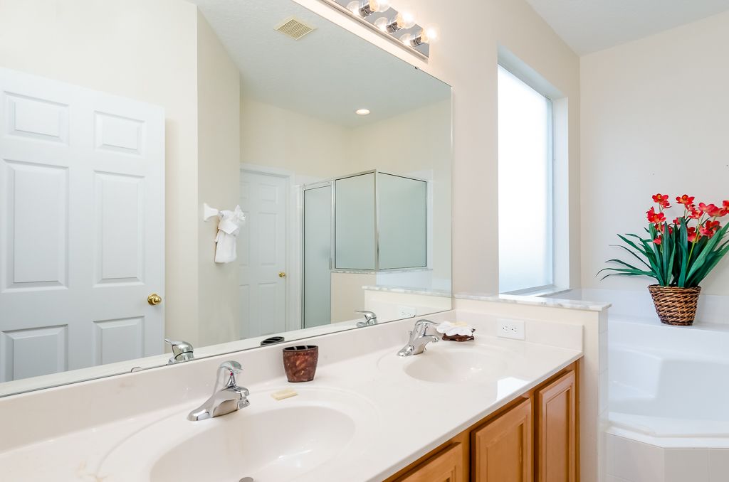 A bathroom with two sinks, a large mirror, and a potted plant.