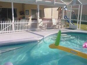 Seasonal outdoor pool, pool loungers