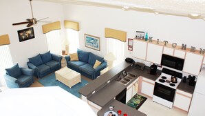 A compact living space with a kitchenette, a sofa set, a dining table, and a ceiling fan. - Ov3868 - Hampton Lakes - 5 Bed 3 Baths Townhome (Davenport)
