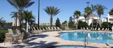A swimming pool with lounge chairs and palm trees.