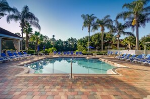 A pool area with lounge chairs and palm trees.