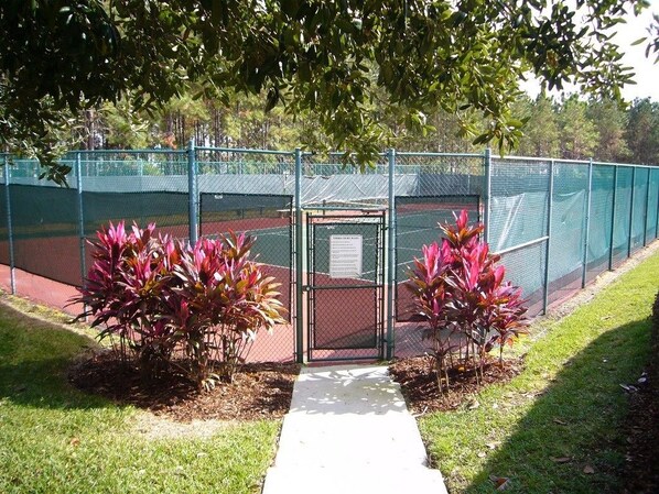 Cancha de tenis rodeada por una cerca verde con un portón, césped cuidado y dos plantas con flores.