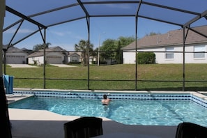 Seasonal outdoor pool, sun loungers