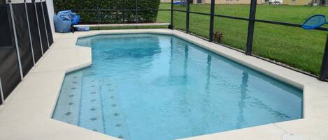 Seasonal outdoor pool, sun loungers