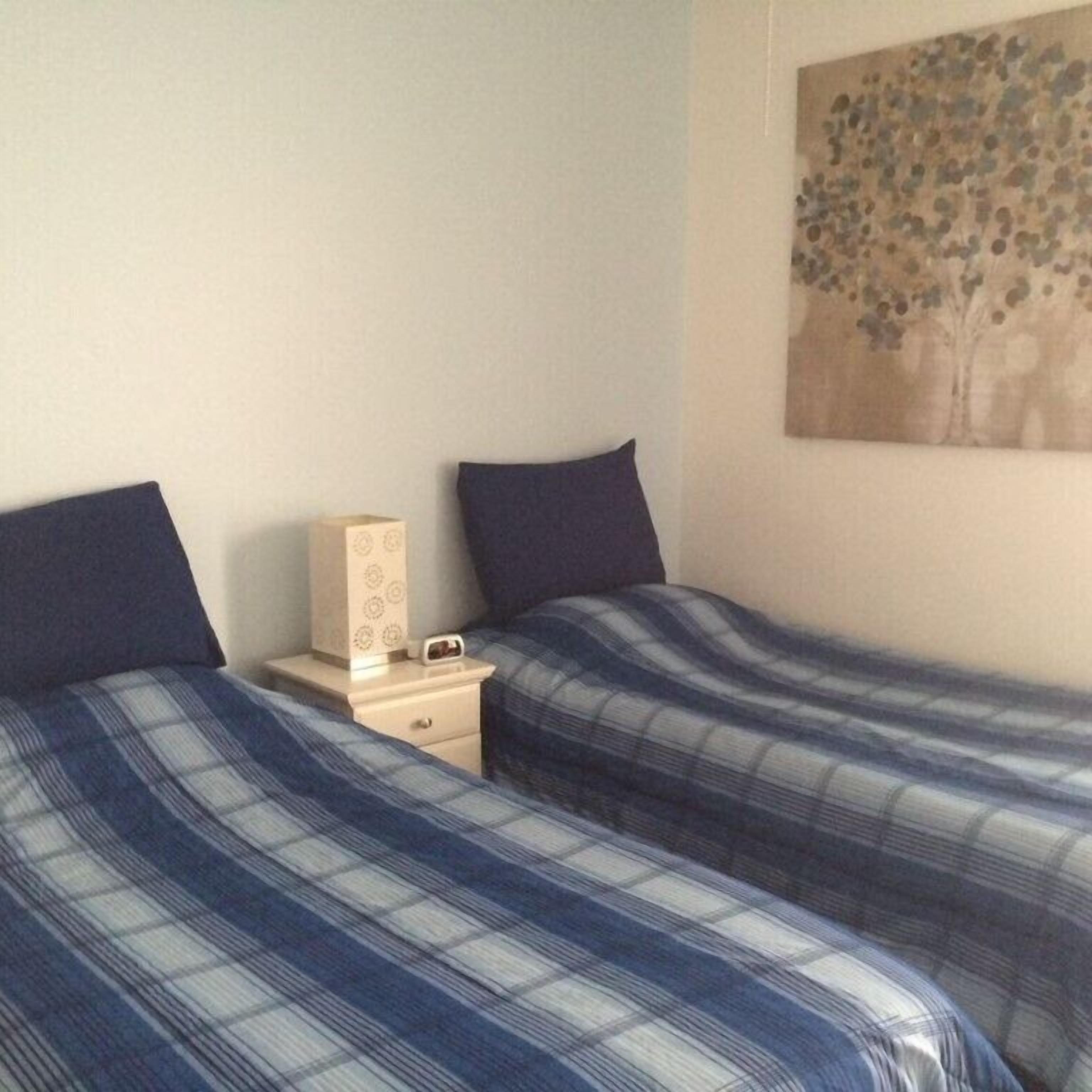 A bedroom with two beds, each with a blue and white checkered bedspread. There is a nightstand with a lamp and a small box. A painting of trees is on the wall.