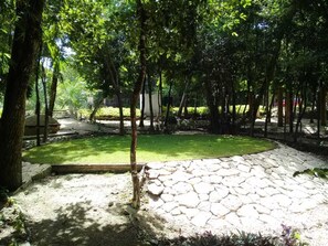 Stroll through the lush garden along a winding stone pathway.