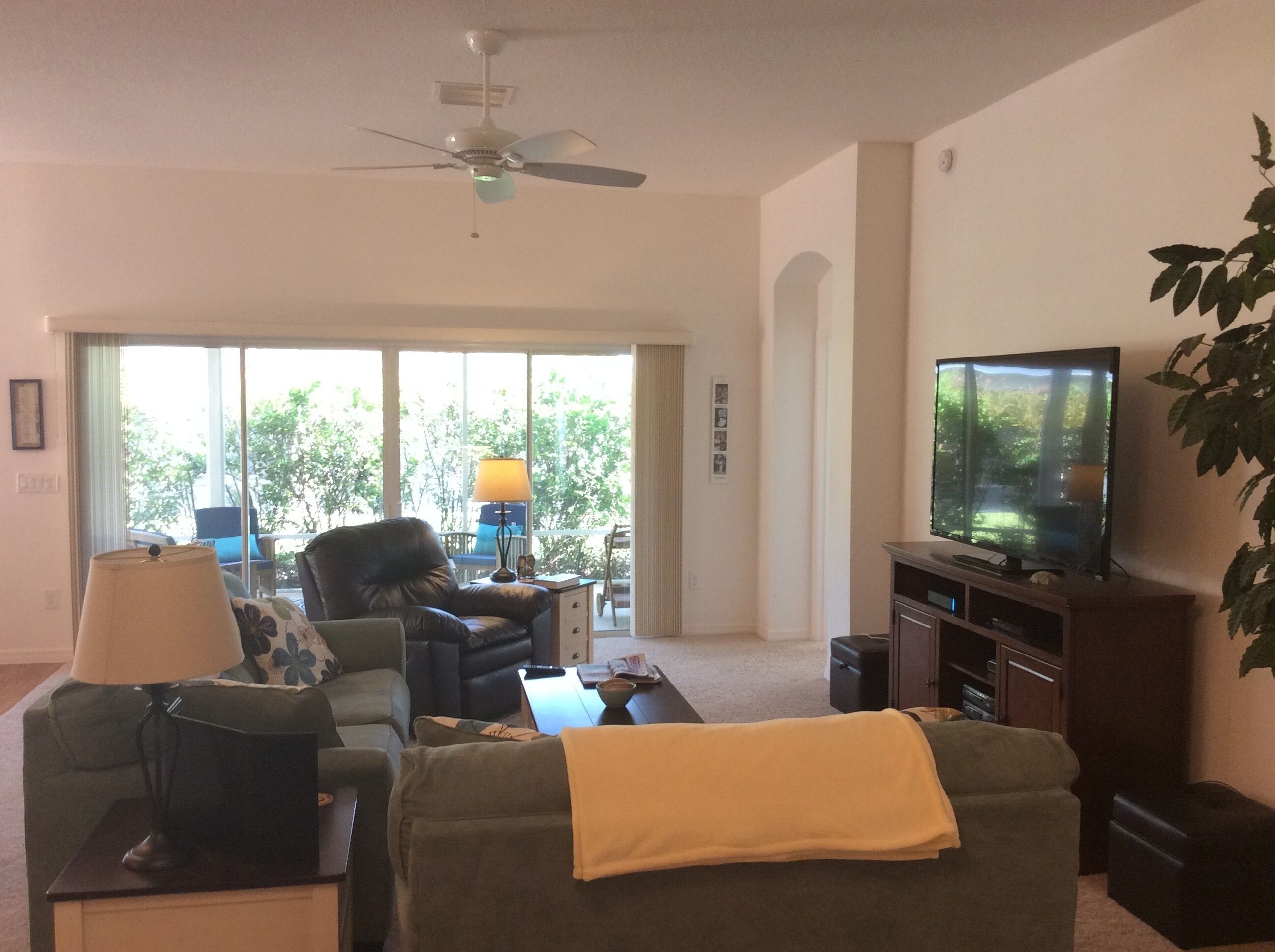 Sala de estar con ventilador de techo, televisor, sofá, mesa de centro y lámpara. Se ve una ventana con vistas a árboles.