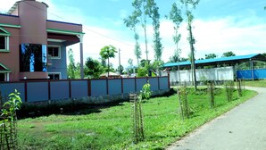 A building with a pink facade and a blue roof, surrounded by a grassy area with young trees.