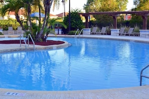 Seasonal outdoor pool, pool loungers