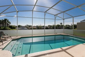Seasonal outdoor pool, sun loungers
